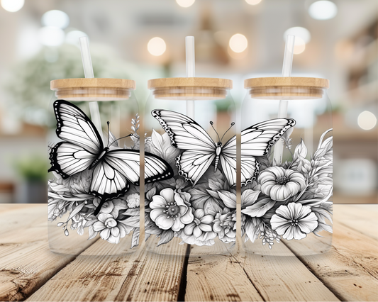 16oz Frosted Glass Libby cup with bamboo lid and glass straw - Butterfly & Floral Collection