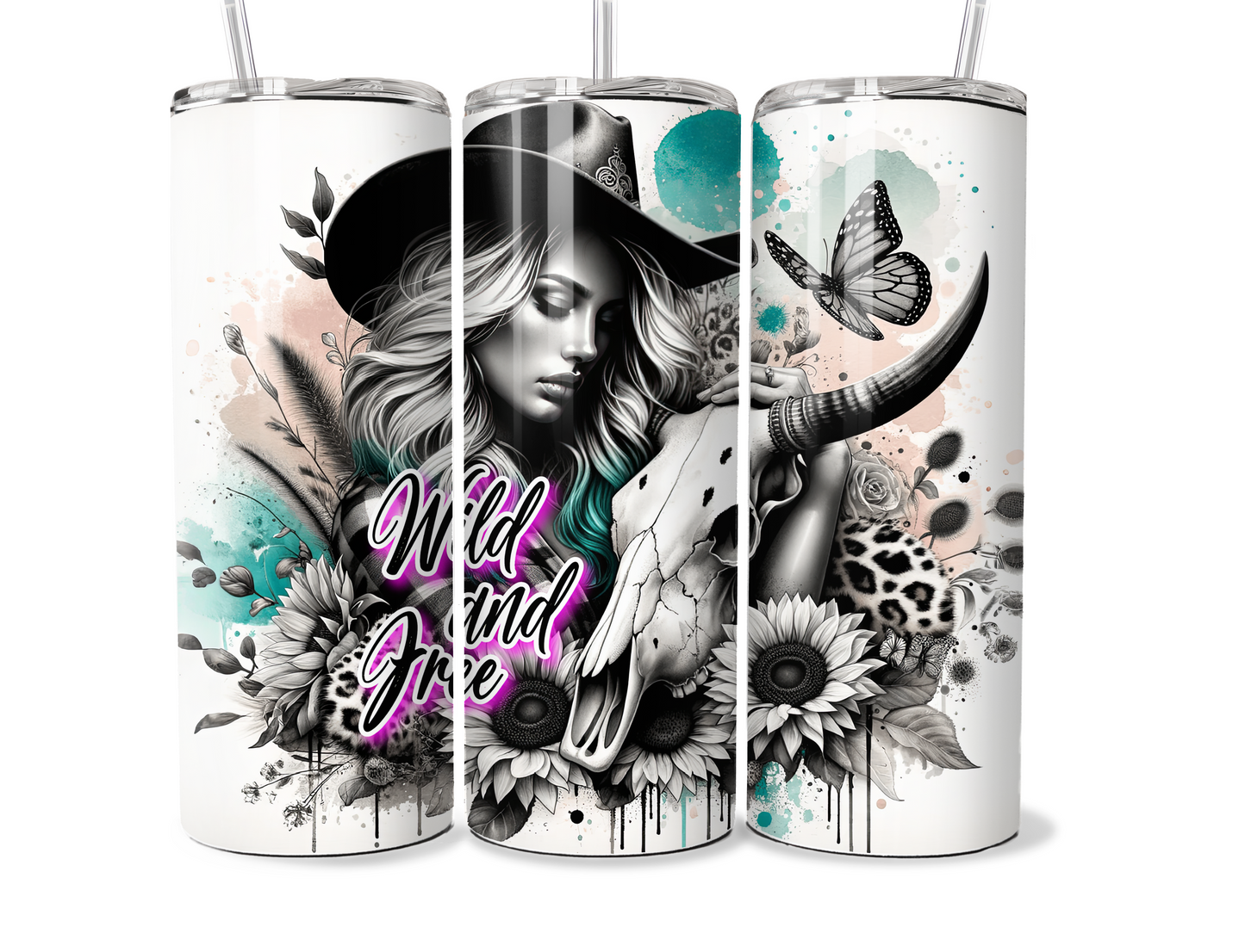 20 oz Insulated Metal Tumbler Country Cowgirl Design, Horse, Sunflowers