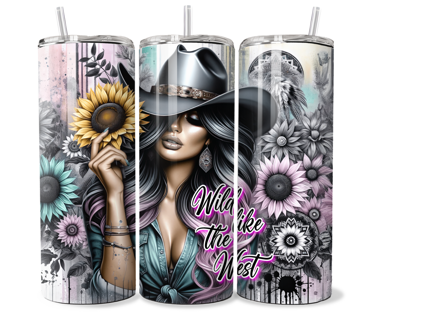 20 oz Insulated Metal Tumbler Country Cowgirl Design,horse, sunflowers