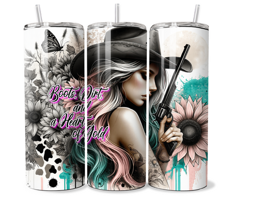 20 oz Insulated Metal Tumbler Country Cowgirl Design,horse, sunflowers