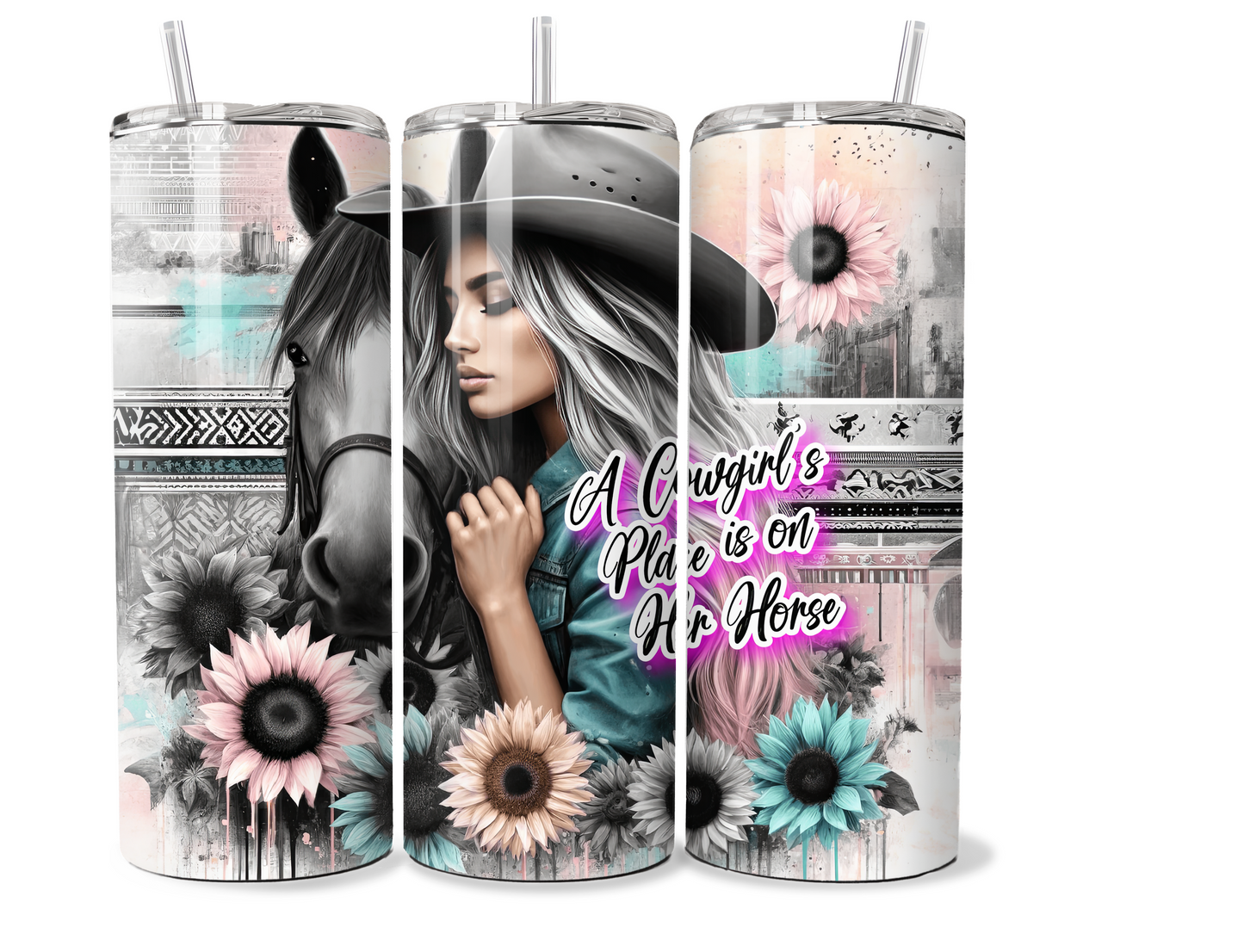 20 oz Insulated Metal Tumbler Country Cowgirl Design,horse, sunflowers