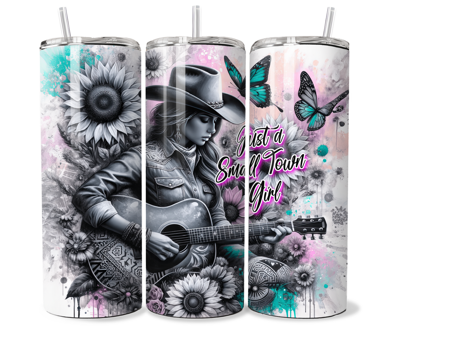 20 oz Insulated Metal Tumbler Country Cowgirl Design,horse, sunflowers