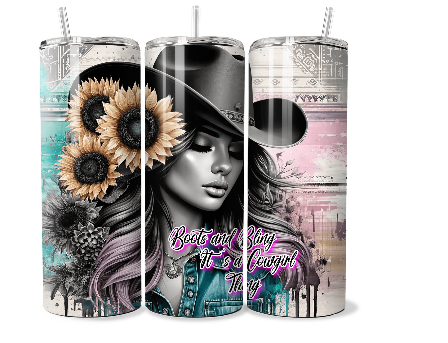 20 oz Insulated Metal Tumbler Country Cowgirl Design,horse, sunflowers