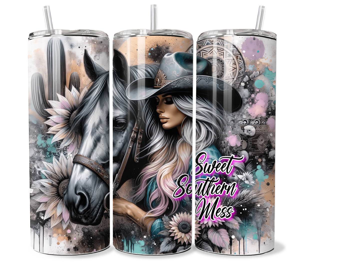 20 oz Insulated Metal Tumbler Country Cowgirl Design,horse, sunflowers