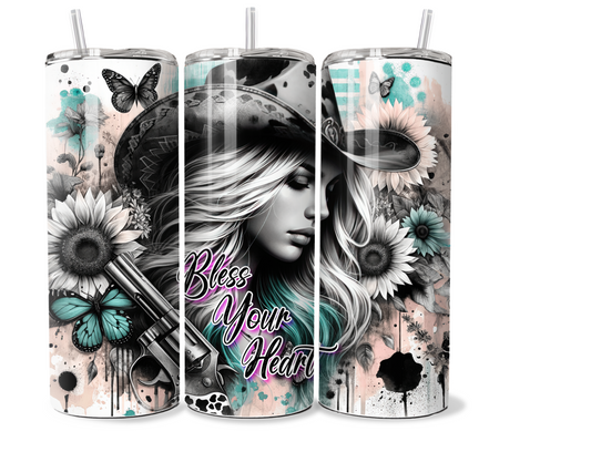 20 oz Insulated Metal Tumbler Country Cowgirl Design,horse, sunflowers