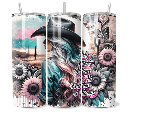 20 oz Insulated Metal Tumbler Country Cowgirl Design,horse, sunflowers