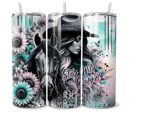 20 oz Insulated Metal Tumbler Country Cowgirl Design,horse, sunflowers