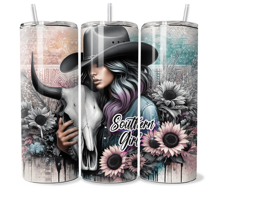 20 oz Insulated Metal Tumbler Country Cowgirl Design,horse, sunflowers