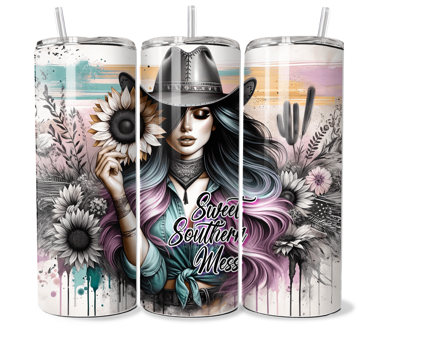 20 oz Insulated Metal Tumbler Country Cowgirl Design,horse, sunflowers