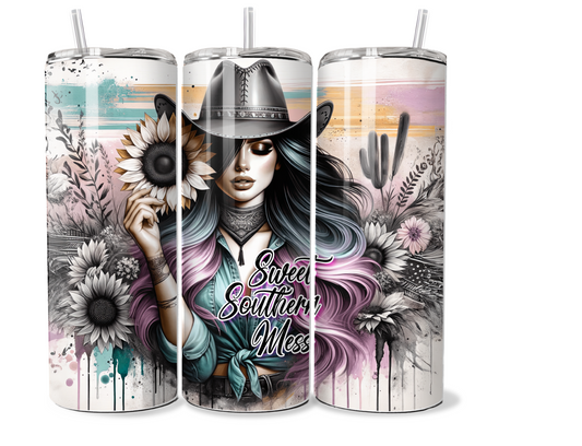 20 oz Insulated Metal Tumbler Country Cowgirl Design,horse, sunflowers