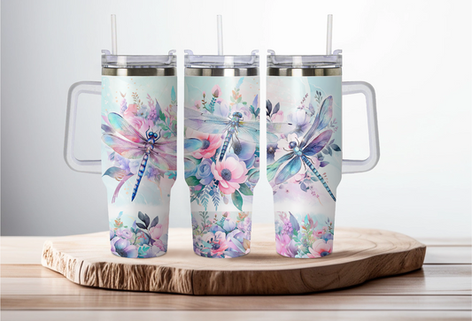 40oz stainless steel double walled Stanley dupe cup with handle-Pastel dragonfly design