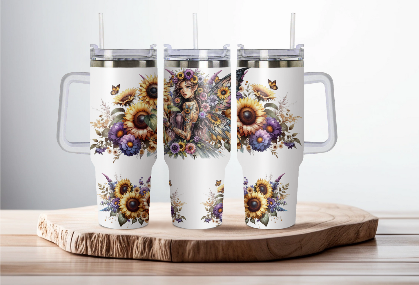 40oz stainless steel double walled Stanley dupe cup with handle- Fairy and butterfly design