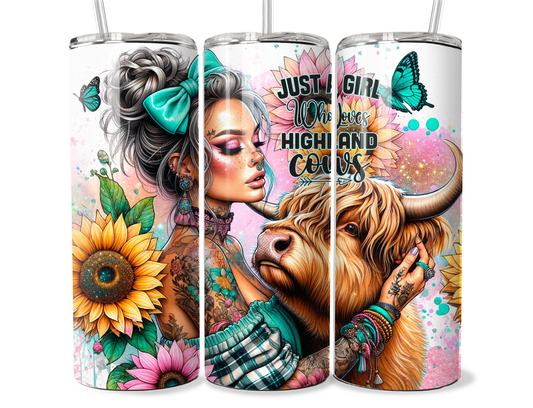 20 oz Highland Cow Tumbler, Metal insulated tumbler, sublimation wrap, just a girl who loves highland cows