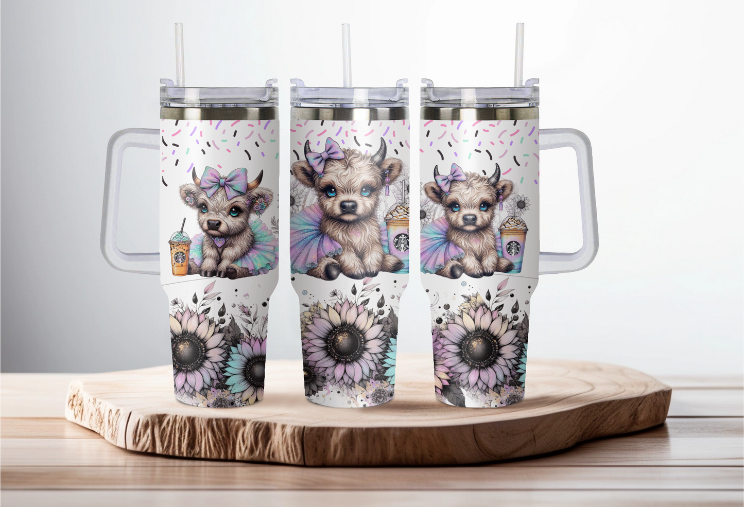 40oz stainless steel double walled Stanley dupe cup with handle- Highland cow star bucks design