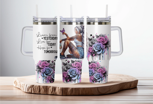 40oz stainless steel double walled Stanley dupe cup with handle-Tattooed girl with quote