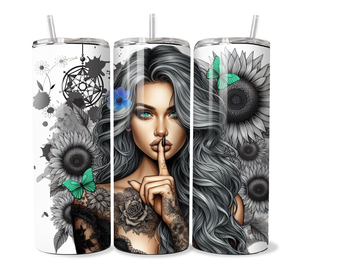 20 oz stainless steel double walled Tumbler, tattooed girl teal butterfly design