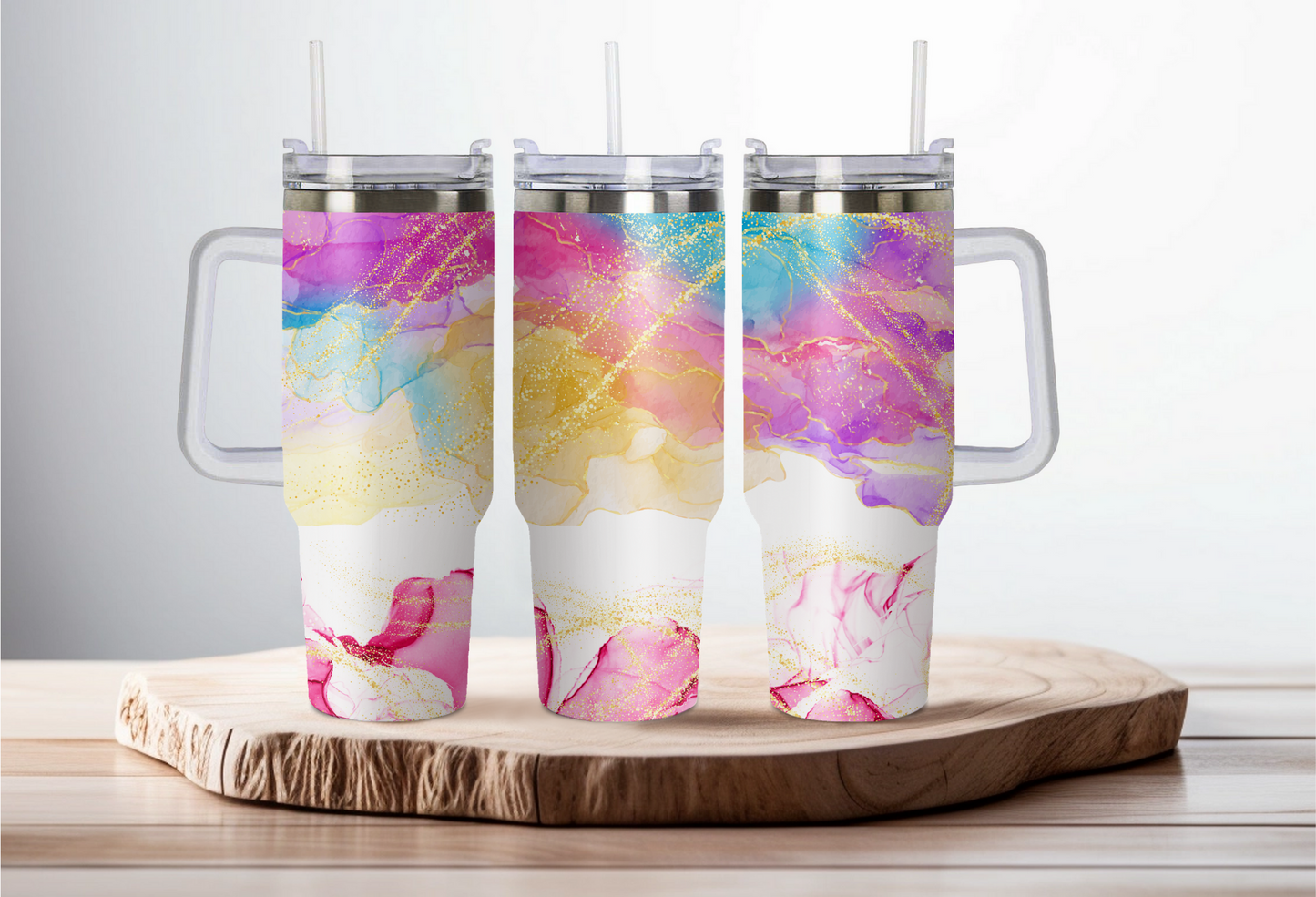 40oz stainless steel double walled Stanley dupe cup with handle-Rainbow water colours