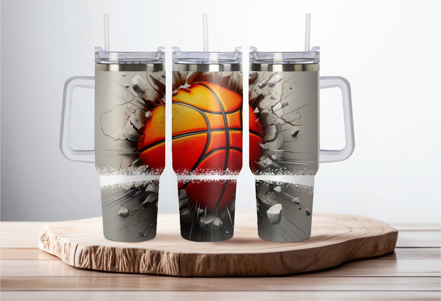 40oz stainless steel double walled Stanley dupe cup with handle- Basketball design