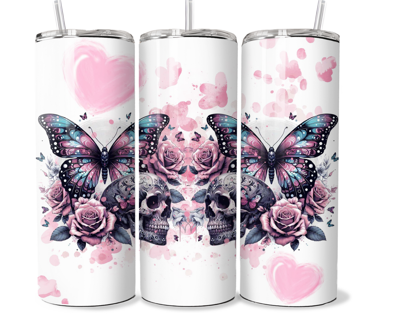 20 oz stainless steel double walled Tumbler- Butterfly and skull design