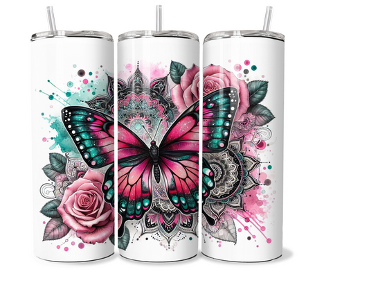20 oz stainless steel double walled Tumbler, butterfly mandela rose design