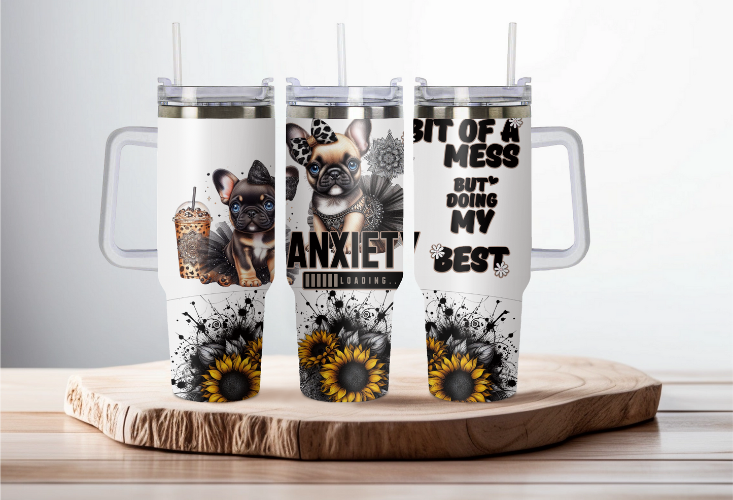 40oz stainless steel double walled Stanley dupe cup with handle- Pug anxiety design