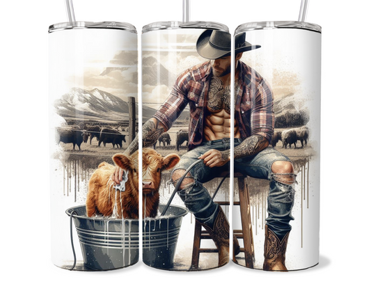 20 oz stainless steel double walled Tumbler-Cow boy with baby cow