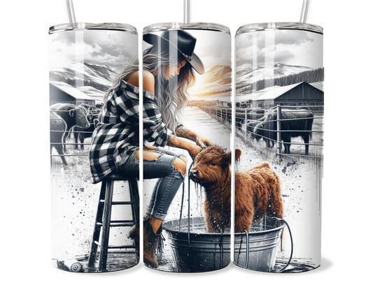 20 oz stainless steel double walled Tumbler-Cow girl with baby cow