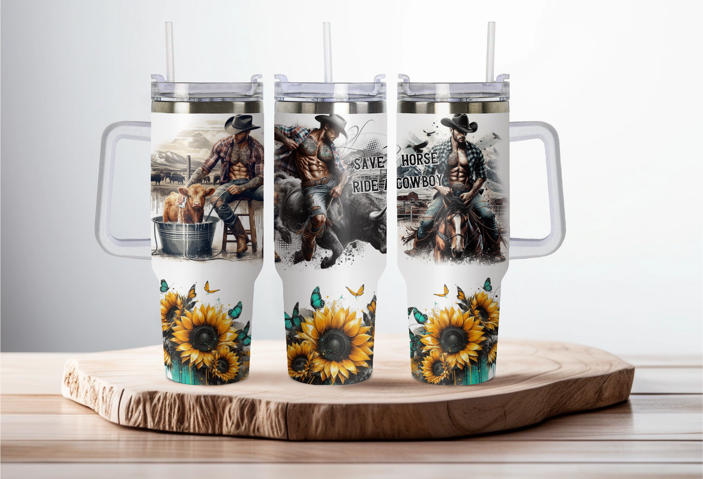 40oz stainless steel double walled Stanley dupe cup with handle-Cowboy sunflower design