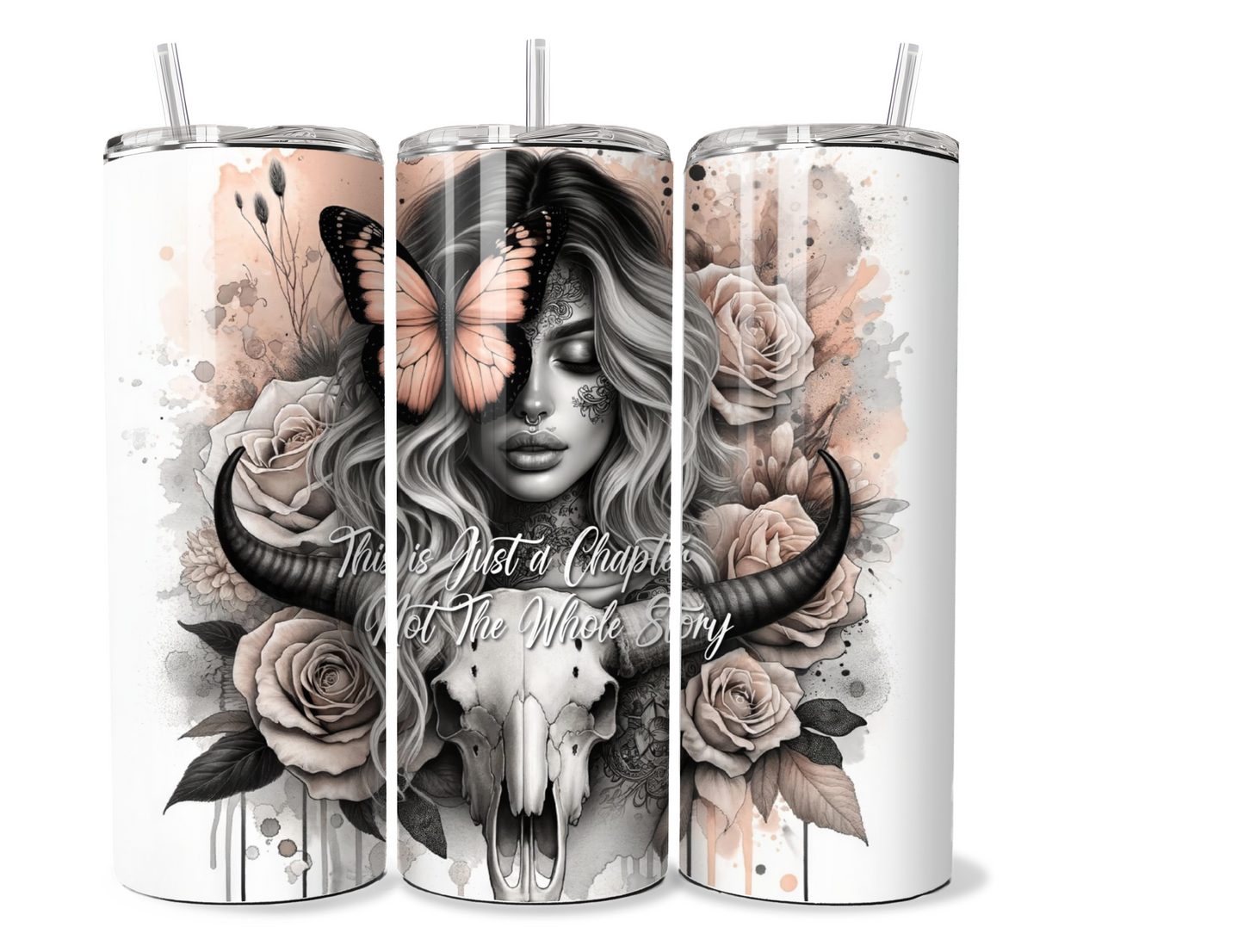 20 oz stainless steel double walled Tumbler, tattooed girl cow skull peach floral design