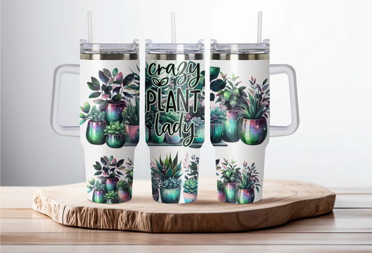 40oz stainless steel double walled Stanley dupe cup with handle-Crazy plant lady design