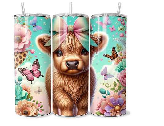 20 oz Highland Cow Tumbler, Metal insulated tumbler, sublimation wrap, baby cow, hair bow