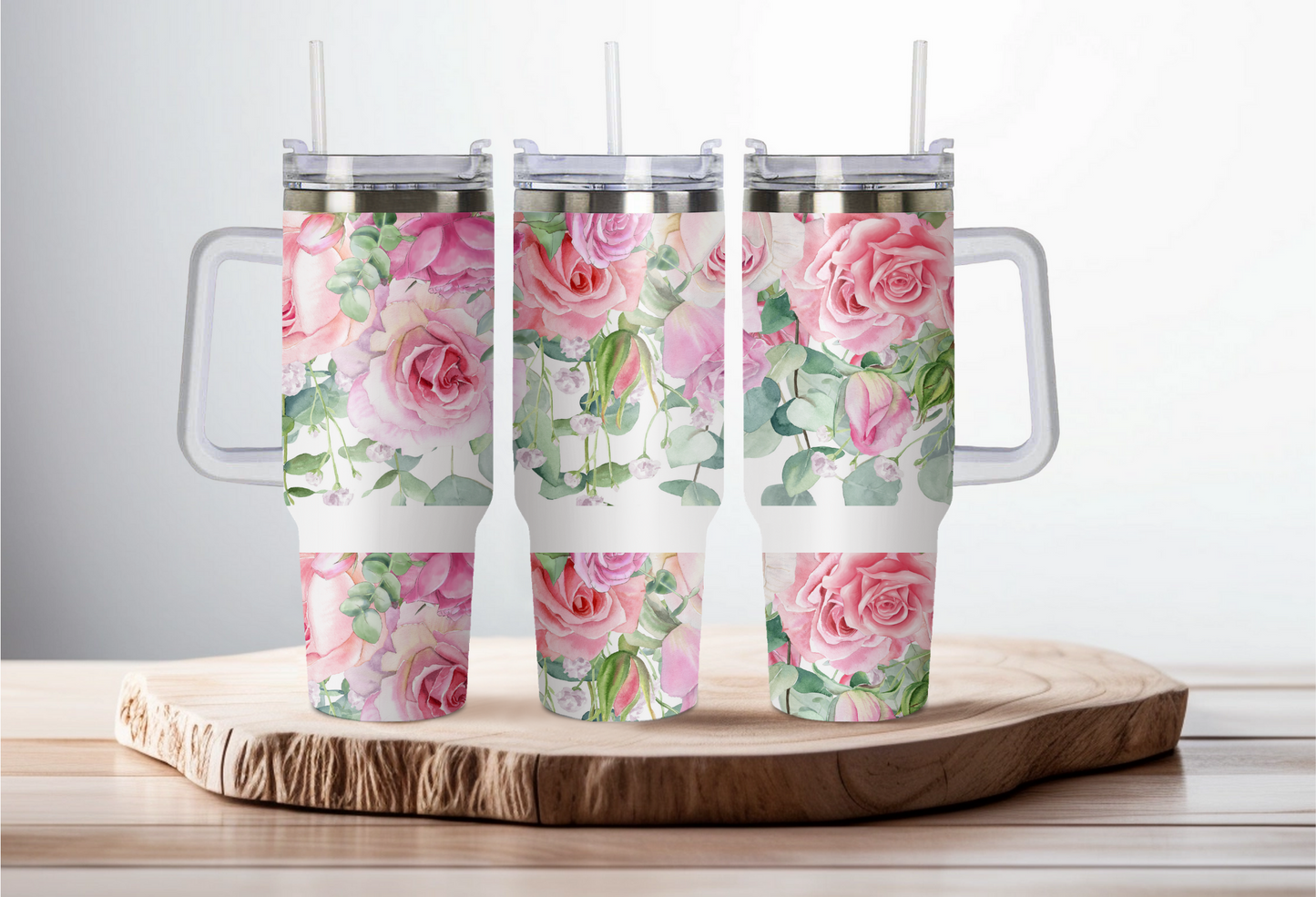 40oz stainless steel double walled Stanley dupe cup with handle-Pink roses