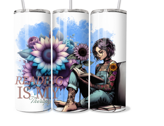 20 oz stainless steel double walled Tumbler, tattooed girl reading a book