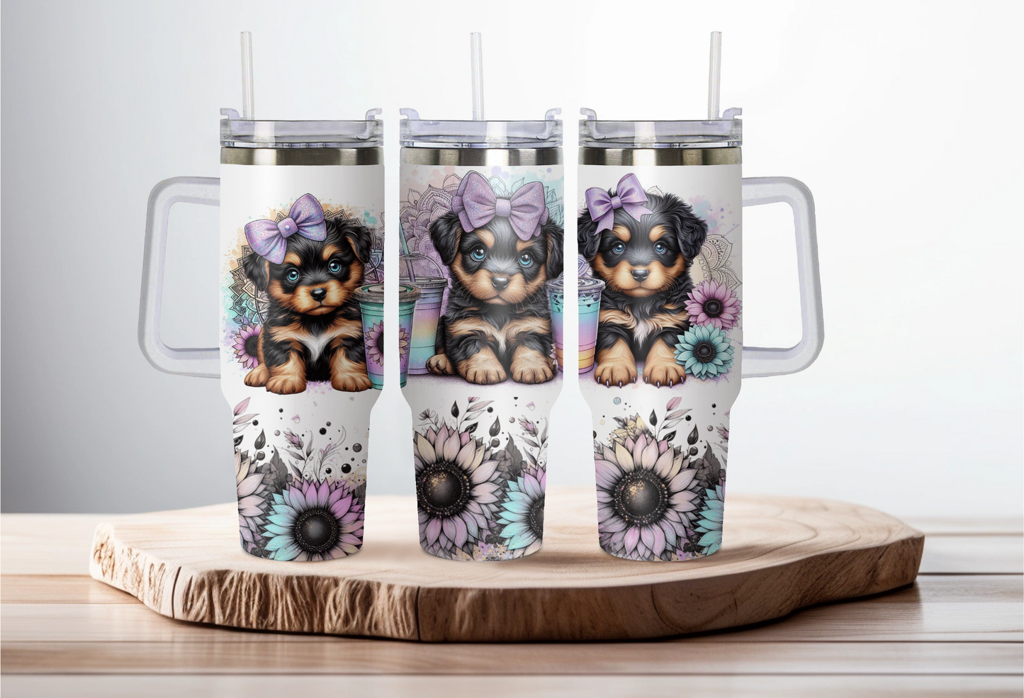 40oz stainless steel double walled Stanley dupe cup with handle- Rottie puppies