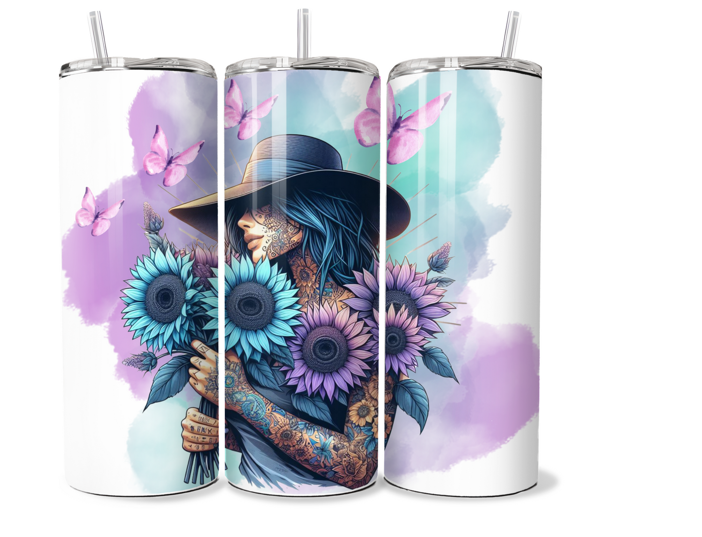 20 oz stainless steel double walled Tumbler, tattooed girl, sunflower, butterfly design