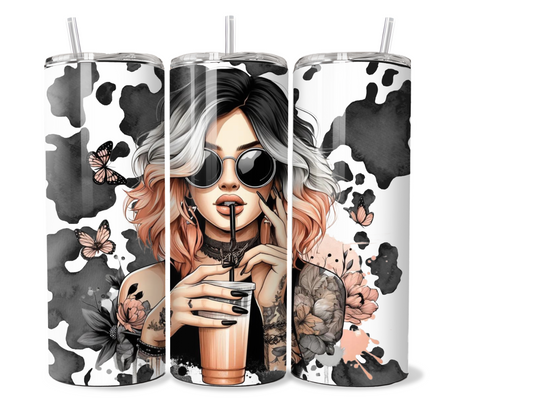 20 oz stainless steel double walled Tumbler, tattooed girl coffee cup cowhide design