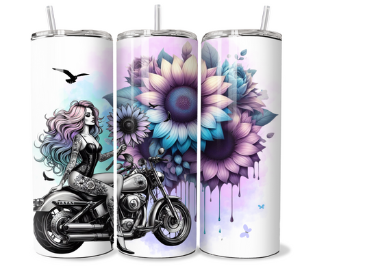 20 oz stainless steel double walled Tumbler, tattooed girl sunflower motor biker girl