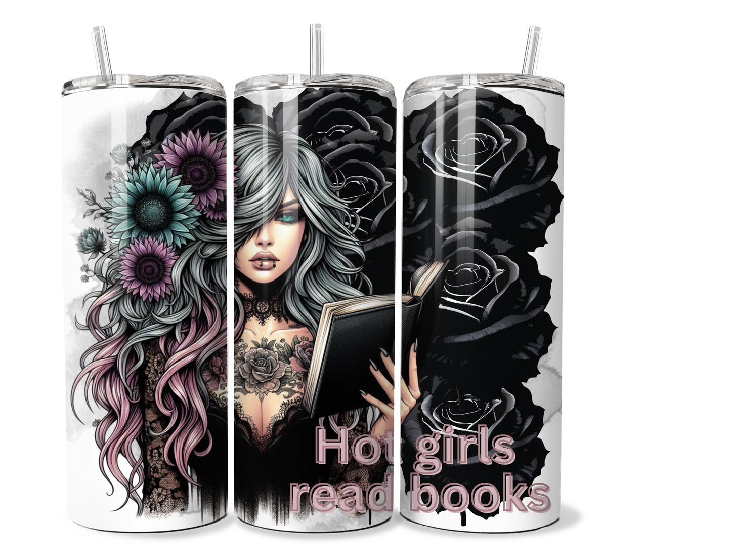 20 oz stainless steel double walled Tumbler, tattooed girl reading a book